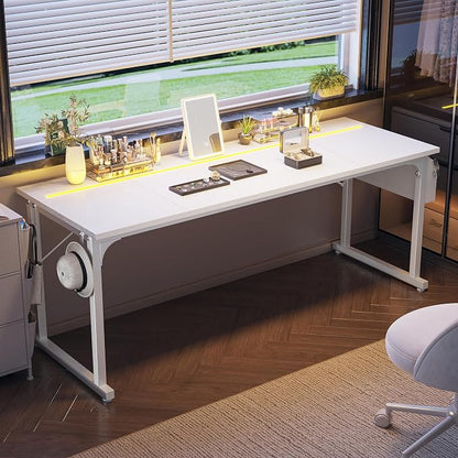 DurayLoly 71" Computer Desk LED Lights, Large Office Desk for 3 Monitors or 2 laptops,Long Desk with Storage Bag&Headphone Hook for Study Writing Work Gaming Desk,Sturdy Metal Frame,Bedroom,White
