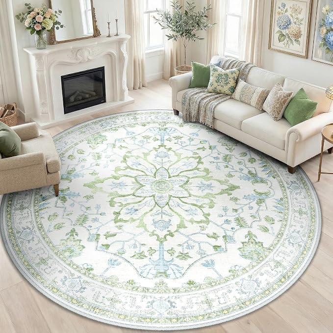 RELEANY Area Rugs Round 8ft Washable Non-Slip, Floral Vintage Distress Medallion Carpet for Living Room Bedroom Dining Room, Green White Blue