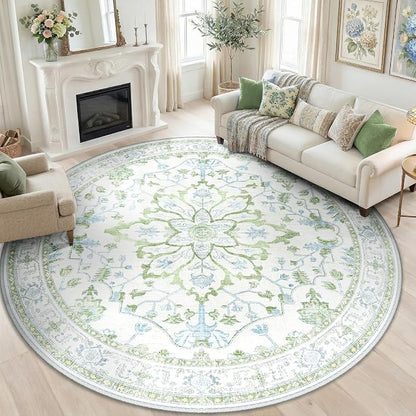 RELEANY Area Rugs Round 8ft Washable Non-Slip, Floral Vintage Distress Medallion Carpet for Living Room Bedroom Dining Room, Green White Blue