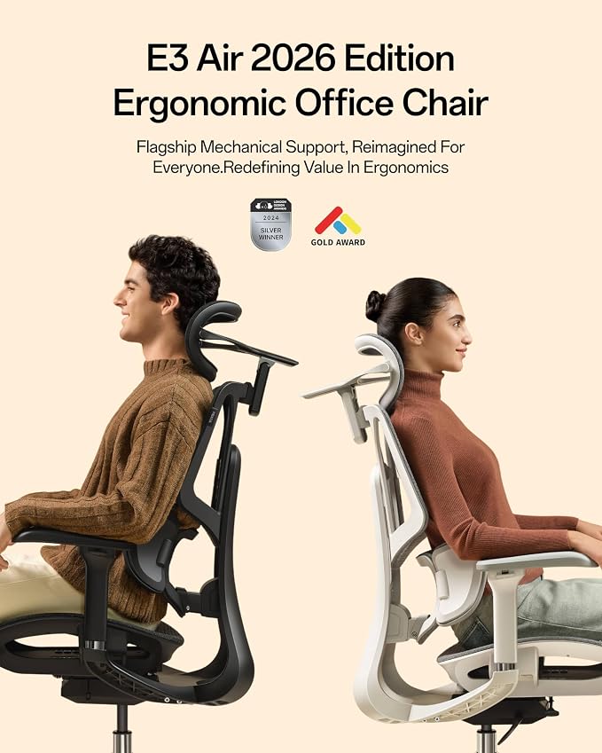 Hbada E3 Air 2026 Ergonomic Office Chair, 3-Zone Lumbar Support, Comfy Home Office Chair with Auto Recline, 4D Headrest & Armrests, 140° Tilt for Work & Relax, Black
