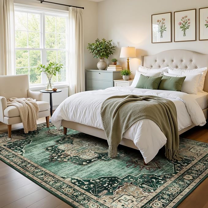 Lofus 5x7 Emerald Green Washable Rugs Non-Slip, Vintage Floral Area Rug for Living Room Bedroom Dining Room Kitchen, Low Pile Distress Print Medallion Carpet Home Decor Rug