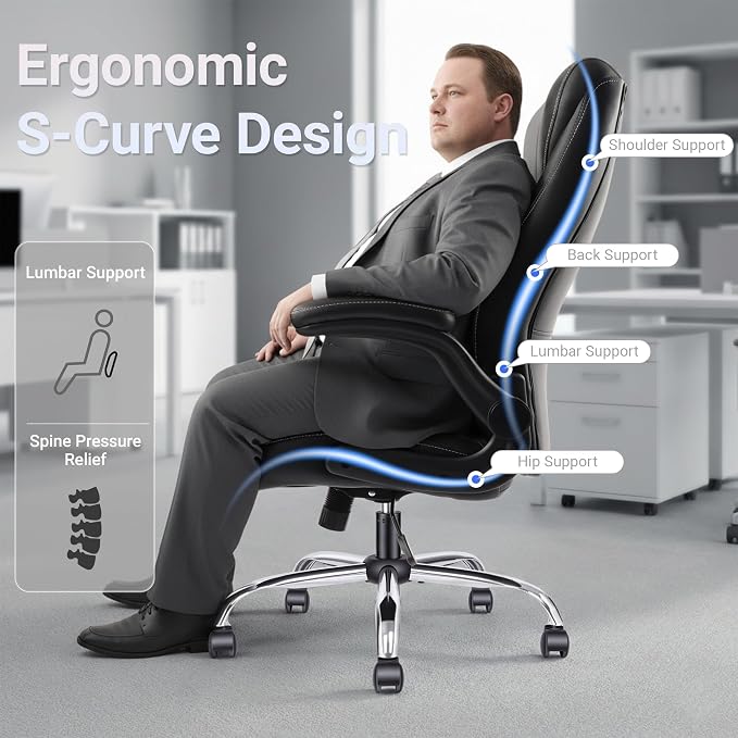 Big and Tall Office Chair for Heavy People, 400LBS High Back Extra Wide Executive PU Leather Office Chair with Flip-Up Armrests, Smooth Caster Wheels, Comfortable Home Office Desk Chair (Black)