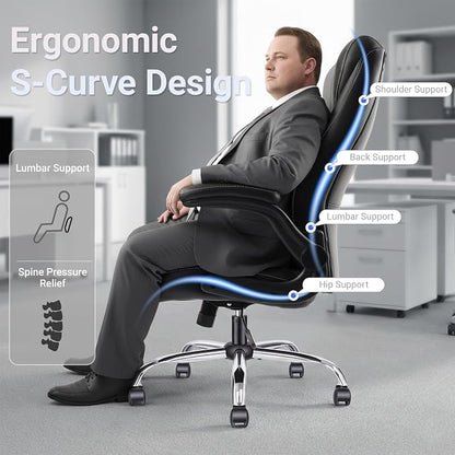 Big and Tall Office Chair for Heavy People, 400LBS High Back Extra Wide Executive PU Leather Office Chair with Flip-Up Armrests, Smooth Caster Wheels, Comfortable Home Office Desk Chair (Black)
