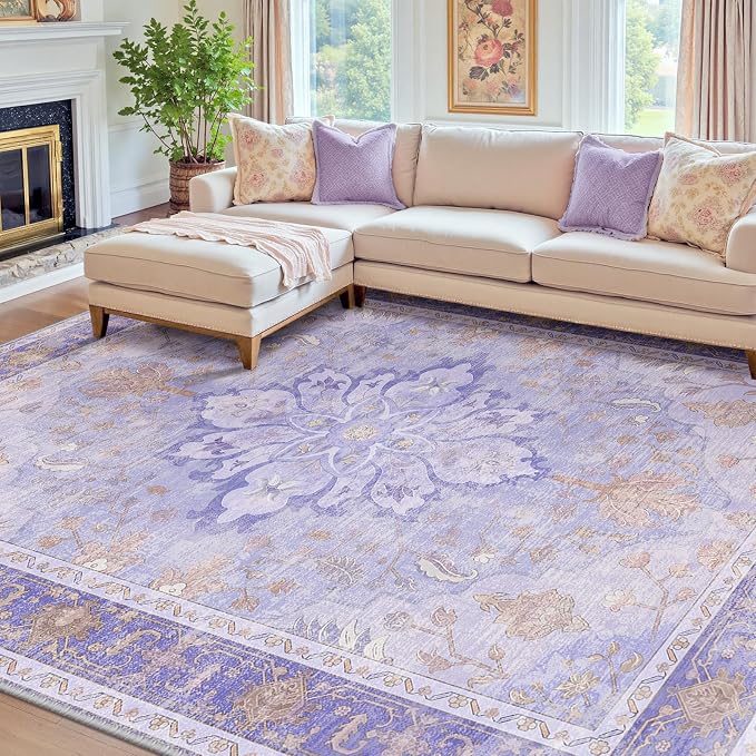 RELEANY Area Rugs 8'x10' Washable Non-Slip, Floral Vintage Distress Medallion Carpet for Living Room Bedroom Dining Room, Light Purple Brown