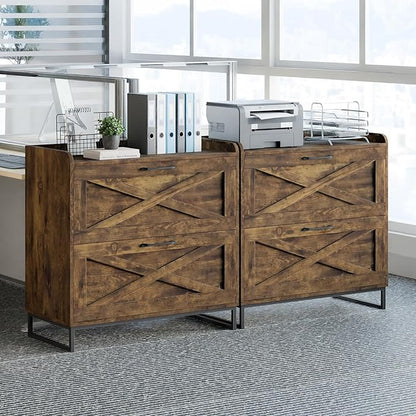Vabches Lateral File Cabinet 2 Drawer File Cabinet with Charging Station for Legal/Letter/A4 Size Hanging Files, Large Wood File Storage Cabinets Printer Stand for Home Office, Rustic Brown