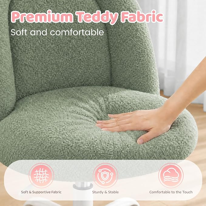 DurayLoly Armless Vanity Chair with Wheels, Ultra-Soft Teddy Fleece, Adjustable Height & 360°Swivel, Rolling Desk Chair for Bedroom, Dorm & Vanity Table, Ideal for Teens & Adults, Sage Green