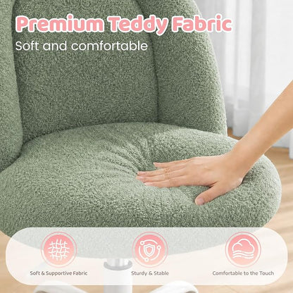 DurayLoly Armless Vanity Chair with Wheels, Ultra-Soft Teddy Fleece, Adjustable Height & 360°Swivel, Rolling Desk Chair for Bedroom, Dorm & Vanity Table, Ideal for Teens & Adults, Sage Green