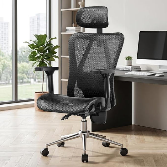 naspaluro Ergonomic Office Chair Mesh Desk Chair with Adjustable Headrest Lumbar Support 3D Armrest 90-135° Reclining Chairs for Home Office, Study, Work & Gaming (Grey)