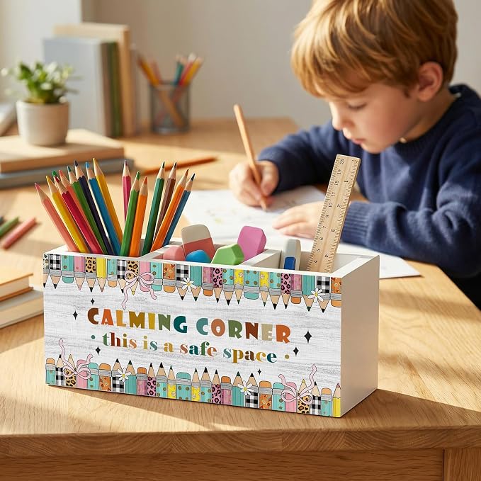 Boho Classroom Pencil Pen Holder for Desk Organizer, Reading Nook Corner Decor, Calming Corner Reading Wooden Box Decorations for Home Office Classroom Desk Tabletop Nursery Toddler Decor