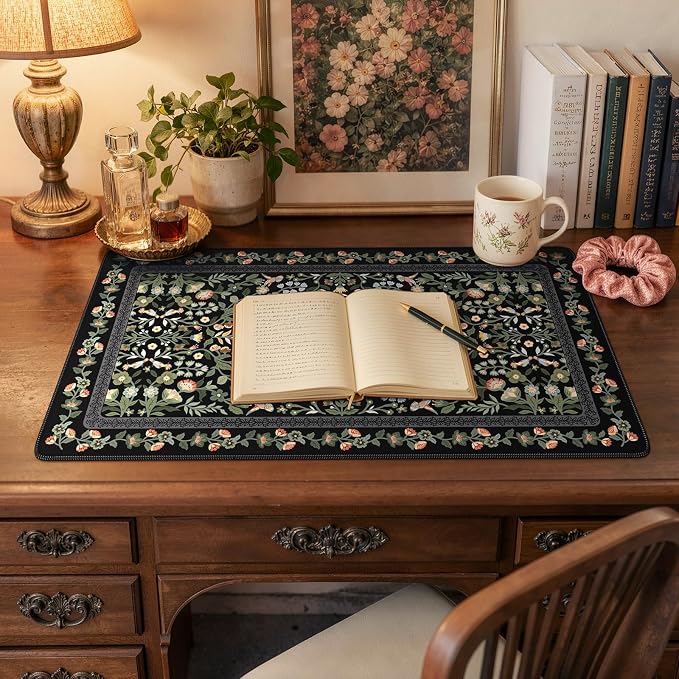 iCasso Aesthetic Flower Mouse pad for Laptop, Desk Pad Mat, Vintage Desk Matt for Desktop 13.7"x23.6", Anti-Slip Mousepad with Stitched Edges for Laptop Computer Keyboard(Black)