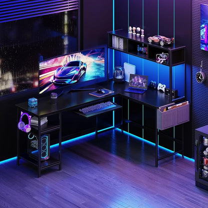 DUMOS 67" L Shaped Gaming Desk, Corner Desks for Compact Spaces with Keyboard Tray & Storage Shelf,Reversible Computer Desk with LED Lighting,Metal Frame PC Gaming Table for Home Office, Black