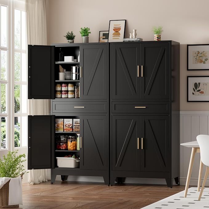 Metal Storage Cabinet with Drawer, 71" Tall Storage Cabinets with Adjustable Shelves,Black Farmhouse Freestanding Kitchen Pantry Cabinet for Dining Room, Living Room