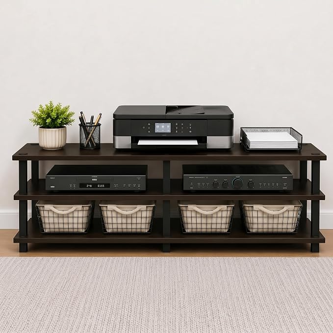 Furinno TURN-S-TUBE Toolless Assembly 3-Tier TV Stand, Entertainment Center for TV up to 55 Inch, Wide Printer Stand with Storage Shelf, for Living Room, Bedroom, Dark Brown