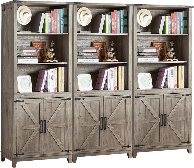Joaxswe 5 Tier Bookshelf 70in Tall Bookcase with Barn Doors and Storage Cabinet, Grey Farmhouse Book Shelf with Adjustable Shelves, Wood Freestanding Display Bookshelves for Bedroom, Kitchen (3 PCS)