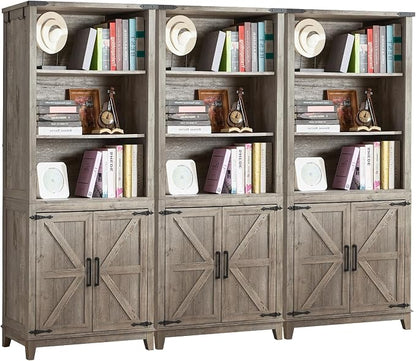 Joaxswe 5 Tier Bookshelf 70in Tall Bookcase with Barn Doors and Storage Cabinet, Grey Farmhouse Book Shelf with Adjustable Shelves, Wood Freestanding Display Bookshelves for Bedroom, Kitchen (3 PCS)