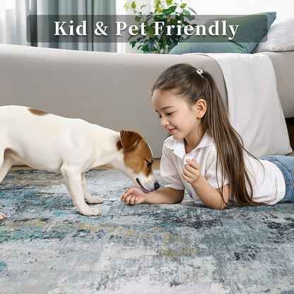 Ciicool Modern Abstract Rug for Living Room, 5'x7' Machine Washable Soft Area Rug Non-Slip Rug, Low-Pile Contemporary Indoor Dining Floor Carpet for Bedroom Office Under Table Home Decor Teal Gold