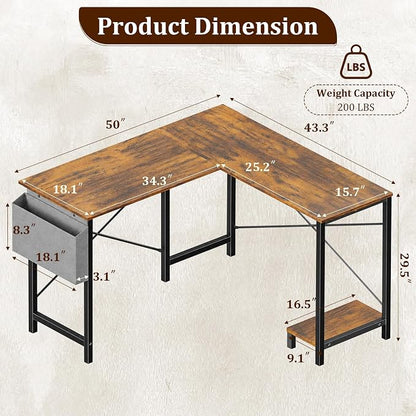 Alpen Corner Desk, 50 Inch L Shaped Gaming Desk with Storage Pocket and CPU Stand, Work Desk for Home Office, Small Corner Study Writing Table with Sturdy Metal Frame, Rustic Brown