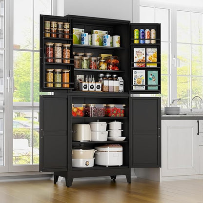 Black Pantry Storage Cabinet, 75" Kitchen Pantry with Doors and 3 Adjustable Shelves, Metal Freestanding Buffet Cupboards Sideboard, for Office, Home, Garage, School