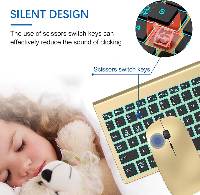 Wireless Backlit Keyboard and Mouse Ultra Slim Combo, TopMate 2.4G Silent Compact 2400DPI Mouse and Scissor Switch Keyboard Set, Batteries Included, for PC/Laptop/Windows/Mac/Gaming - BL Gold Black