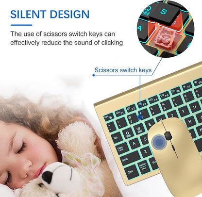 Wireless Backlit Keyboard and Mouse Ultra Slim Combo, TopMate 2.4G Silent Compact 2400DPI Mouse and Scissor Switch Keyboard Set, Batteries Included, for PC/Laptop/Windows/Mac/Gaming - BL Gold Black