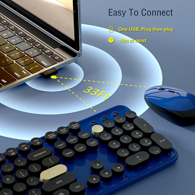 Links9+ Wireless Keyboard and Mouse Combos, Retro Keyboard and Mouse Wireless Full Size, 2.4Ghz Connection and Optical Mouse for Windows, Mac, PC, Laptop for Home and Office (Jewel Blue-Black)
