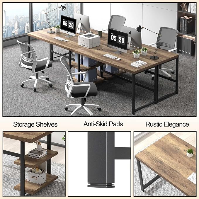 FOLUBAN 60 Inch Home Office Desk, Large Computer Desk with Storage Shelves, Modern Wood and Metal Writing Study Gaming Table Workstation for Living Room, Rustic Oak