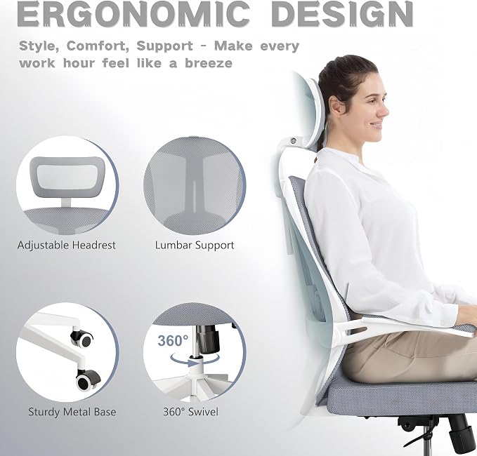 Ergonomic Office Chair - 350LB Comfy Desk Chairs with Adjustable Headrest and Lumbar Back Support, Mesh Computer Chairs with Wheels and Arms for Home Office, Study (Gray-with Headrest)