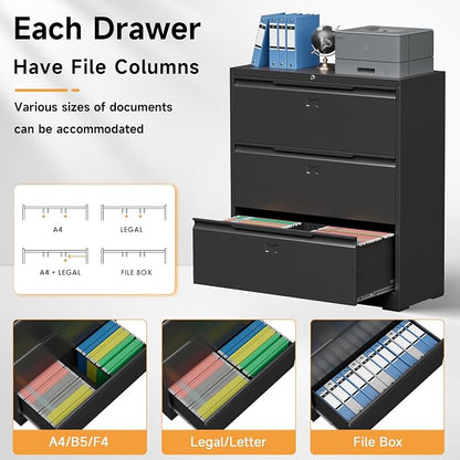 Bestoo 3 Drawer File Cabinet with Lock, File Cabinet, Metal Lateral Filing Cabinet, File Cabinets for Home Office, Office Cabinet for Hanging Files Letter/Legal/F4/A4 Size