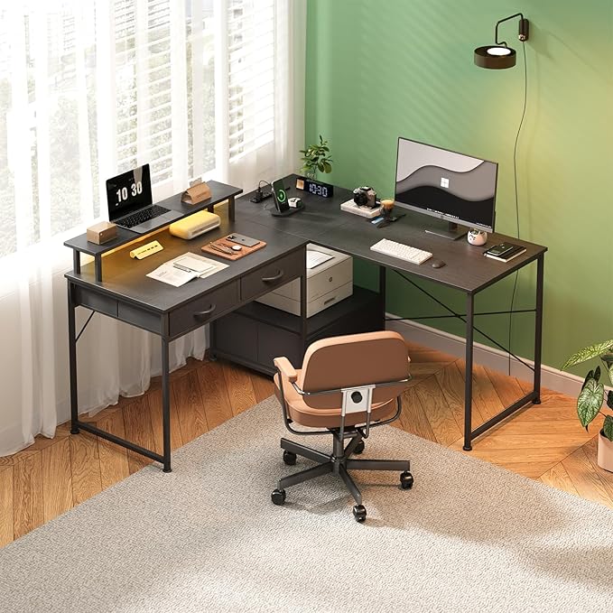 L Shaped Computer Desk, 78.7" Reversible Home Office Desk with Printer Storage Shelf & 3 Fabric Drawers, Two Person Desk with LED Lights & Power Outlet, Corner Gaming Desk with Monitor Shelf, Black