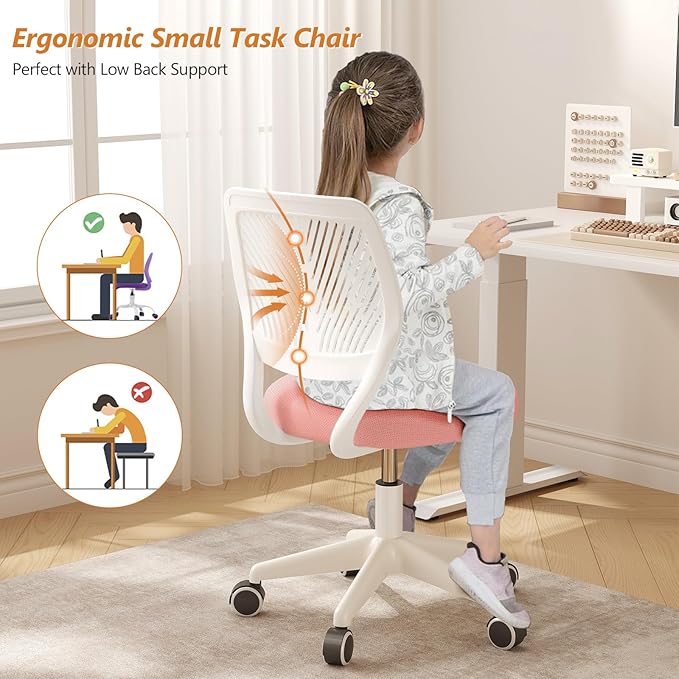 Armless Desk Chair Swivel Office Rolling Chair with Soft Padded Cushion, Height Adjustable Small Task Chair, Ergonomic Study Computer Chair for Kids Girls Boys Teens (Pink, 1PC)