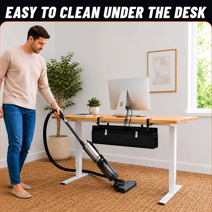 Large Under Desk Cable Management Tray, 28", Black Standing Under Cable | No Drill, Fabric Cord Organizer with Reinforced Base, Clamp Mount Wire Management, For Office/Home & Standing Desk