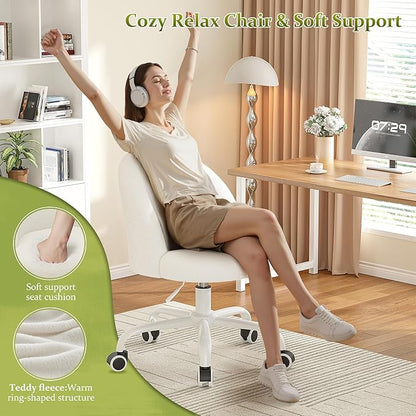 DurayLoly White Vanity Chair with Wheels, Cute Desk Chair with Back, Armless Chair with Height Adjustable & 360° Swivel, Soft Lumbar Support for Small Space, Bedroom