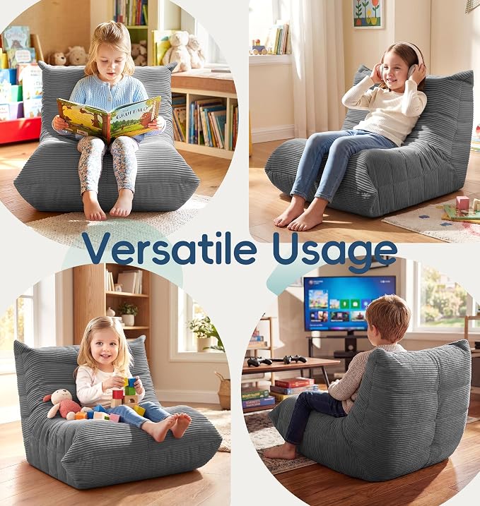 Hobestluk Small Bean Bag Chair Faux Fur Fabric BeanBag Couch for Playroom | Grey Corduroy,Ergonomic Design,Memory Foam,Strong Supportive,No Assembly Required,Decorative Style for Living Room Bedroom