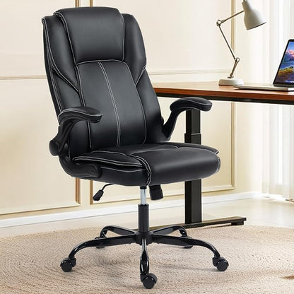 Office Chair - Executive Leather High Back Office Desk Chair with Rocking Function - Ergonomic Breathable Comfortable Wide Swivel Rolling Gaming Computer Chair with Flip-up Armrests & Lumbar Support