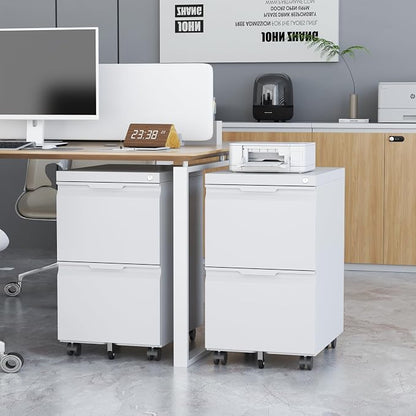 File Cabinet with Lock, 2 Drawer Mobile File Cabinet with Wheels, Metal Vertical File Cabinets for Home Office, Rolling Filing Cabinets Under Desk Storage for Letter/Legal/A4 Files