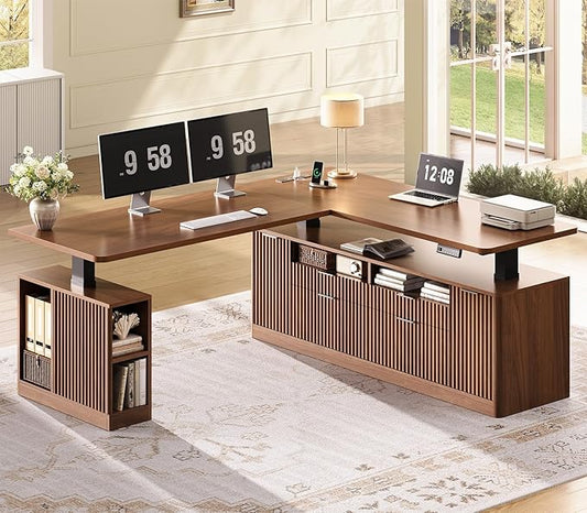 SEDETA L Shaped Electric Standing Desk, 69" x 55" Height Adjustable Office Executive Desk with 4 Drawers and Storage Shelves, Fluted Sit Stand Computer Desk with Power Outlet, Brown
