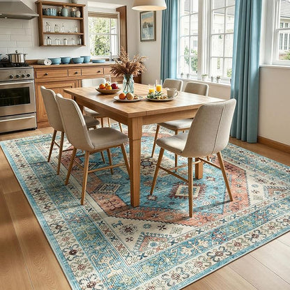 Lofus Vintage Living Room Rugs 8x10, Soft Machine Washable Area Rug for Bedroom Indoor Floor Home Office House Decor, Oriental Traditional Distressed Farmhouse Carpet, Boho Terracotta and Blue