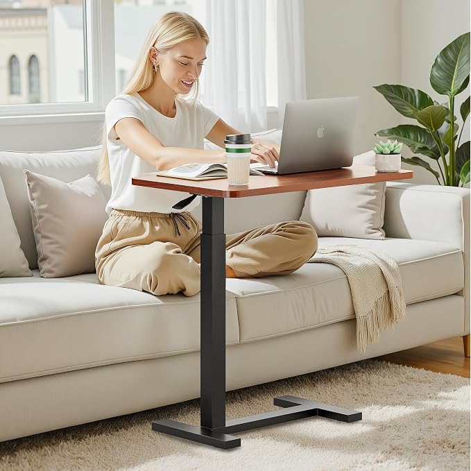 Adjustable Overbed Bedside Table with Wheels, Pneumatic Adjustable Hospital & Home Use Bed Table, Rolling Laptop Table, Mobile Standing Desk, Brown