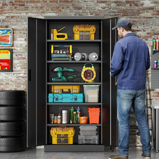 BESFUR Metal Storage Cabinet, 71" H Locking Storage Cabinet with 5 Adjustable Shelves, Metal Cabinets for Garage, Office, Home, Classroom- Black