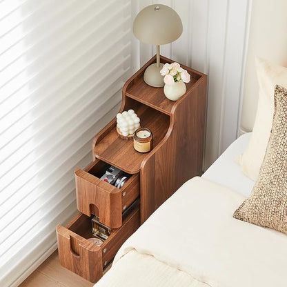 Narrow End Table Living Room, Wooden Small 2 Drawer Nightstand Bedroom, Thin Couch Side End Table, Vintage Skinny Bedside Table Small Spaces, Mid Century Modern Night Stand with Drawers (Walnut-1 pc)