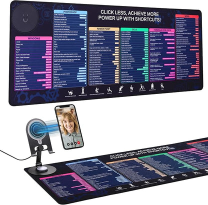 Magnetic Wireless Charging,Excel Cheat Sheet Mouse Pad with Phone Stand Extended Excel Shortcuts Desk Pad, Waterproof Ultra-Smooth Keyboard Mat, Non-Slip Base (Not Included Adapter 9V 2A)