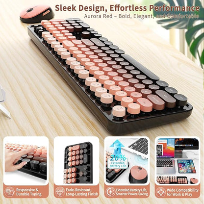 Nowlike Wireless Keyboard and Mouse Combo, Retro Typewriter Keyboard with Round Keycaps, Full-Size Ergonomic, Aurora Red, Ideal for Windows PC, Home, Office, and College