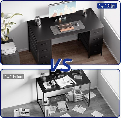 Pamray 47 Inch Computer Desk with 8 Fabric Drawers PC Gaming Desk Home Office Study Work Writing Table for Bedroom Matte Black