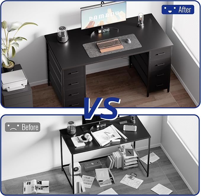 Pamray 47 Inch Computer Desk with 8 Fabric Drawers PC Gaming Desk Home Office Study Work Writing Table for Bedroom Marble