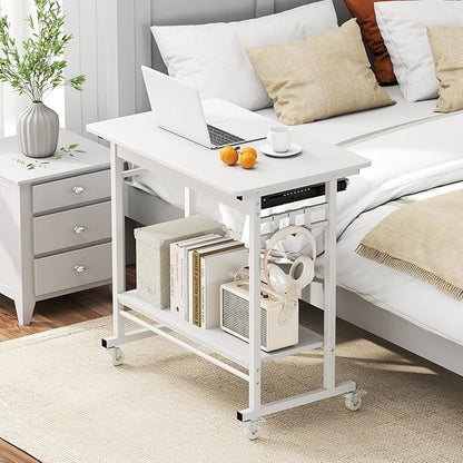 Tangkula Rolling Computer Desk Cart with Keyboard Tray, Mobile Portable Laptop PC Desk with CPU Stand & 3 Hooks for Sofa & Bed, Compact Small Desk on Wheels for Small Spaces (White)