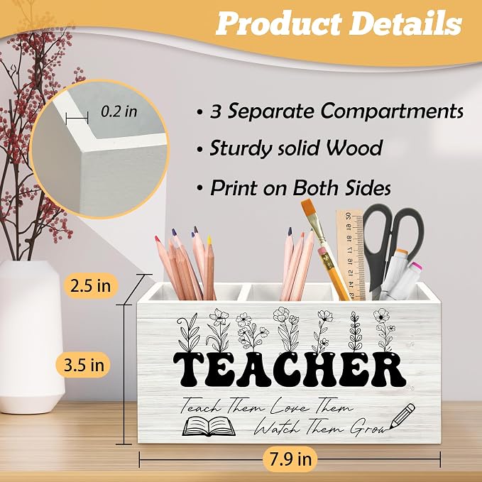 Teacher Pen Holder Organizer for Desk Accessories, Floral Themed Wooden Box Sign Desk Decorations for Office Classroom Tabletop, Graduation Teacher Appreciation Gifts for Women Men Teachers