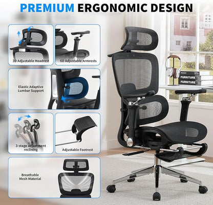 Mesh Ergonomic Office Chair with 6D Armrests,High Back Mesh Gaming Chair with Lumbar Support,Adjustable 3D Headrest for Home Office Desk Chair(Executive, Black)