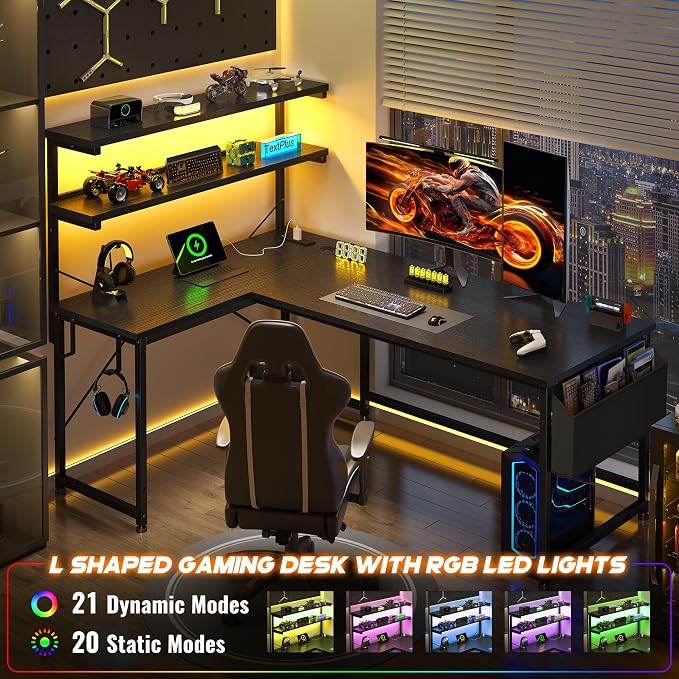 DurayLoly L Shaped Gaming Desk with No Side Bar Shelf for Small Space,Black | Open-Side Storage Rack with Printer Space and Hooks, Neat Arrangement & High Space Utilization