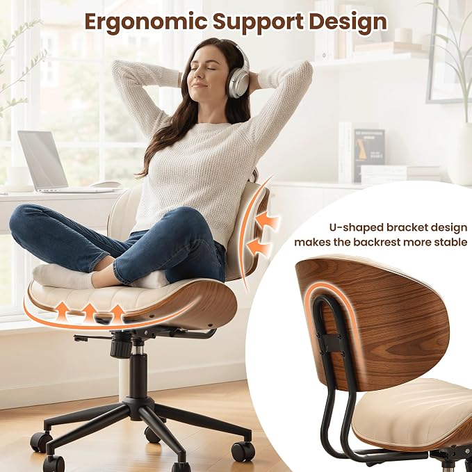 ovios Home Office Chair with Wheels, Modern PU Leather Swivel Computer Desk Chair, Mid Back Adjustable Height Armless Walnut Chairs for Office (White Stripes)