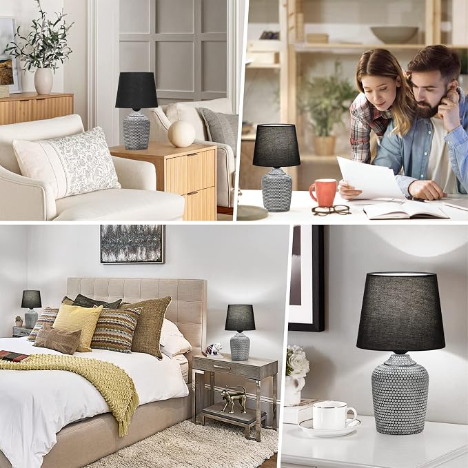 Sucolite 11.8'' Small Table Lamps Set of 2, Bedside Nightstand Lamps for Bedroom Kid’s Room, Cute Desk Lamps with Studded Texture Base for Reading Nursery Living Room Office, Black